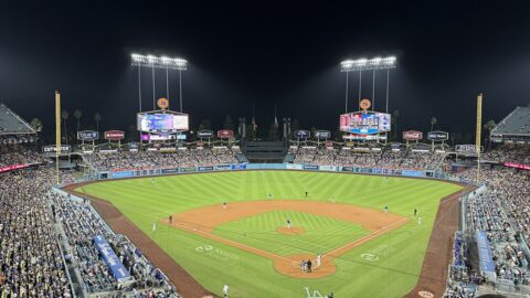Dodger Stadium lit up during a night baseball game