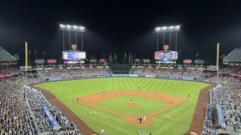 Dodger Stadium lit up during a night baseball game
