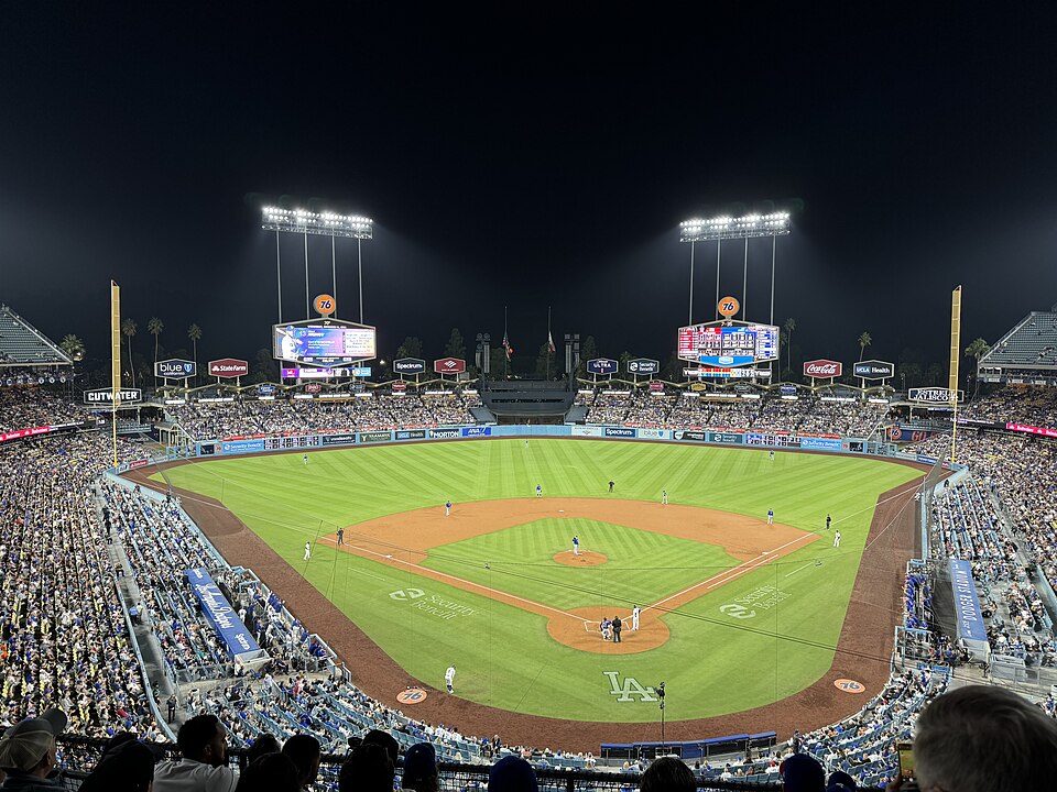 Dodger Stadium lit up during a night baseball game