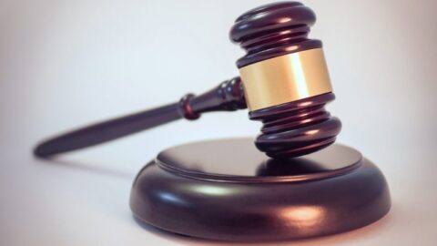Wooden gavel resting on a sound block