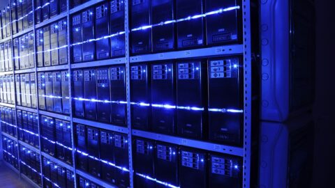 Data center server racks with blue lights