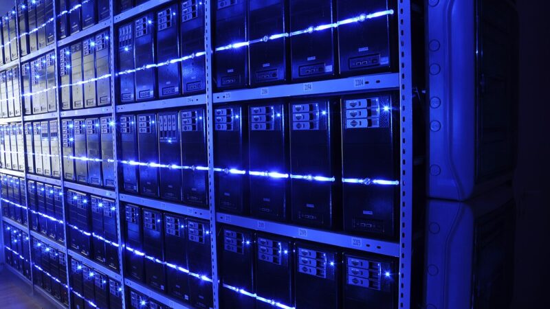 Data center server racks with blue lights