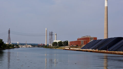 Power plant smokestacks on the Toronto waterfront
